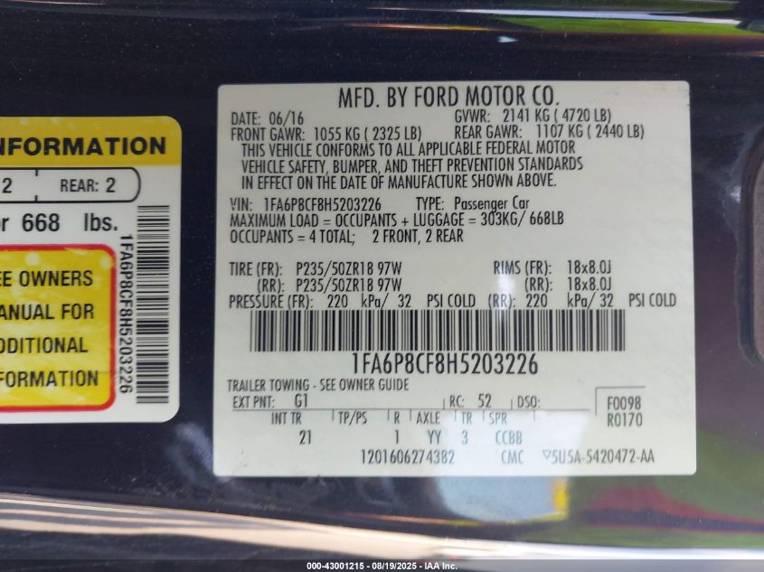 2017 Ford Mustang Gt VIN: 1FA6P8CF8H5203226 Lot: 43001215