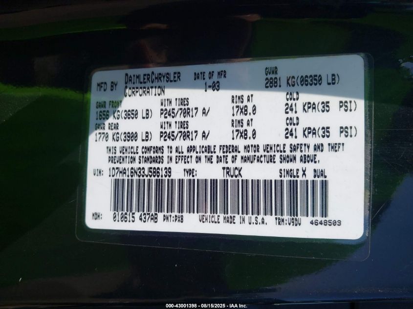2003 Dodge Ram 1500 Slt/Laramie/St VIN: 1D7HA16N33J586139 Lot: 43001398