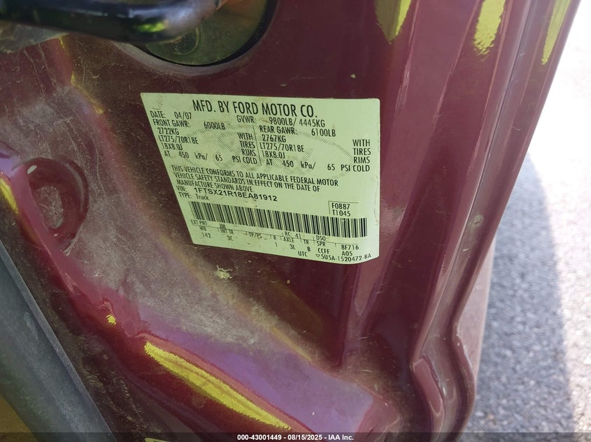 2008 Ford F-250 Fx4/Lariat/Xl/Xlt VIN: 1FTSX21R18EA81912 Lot: 43001449