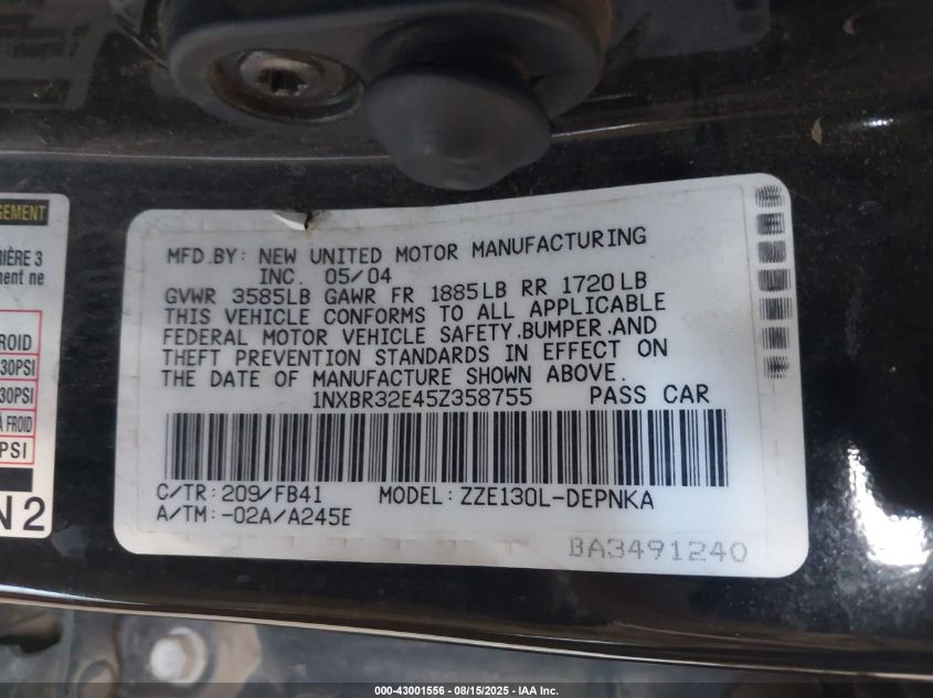 2005 Toyota Corolla Le VIN: 1NXBR32E45Z358755 Lot: 43001556