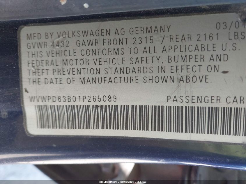 2001 Volkswagen Passat Gls VIN: WVWPD63B01P265089 Lot: 43001629