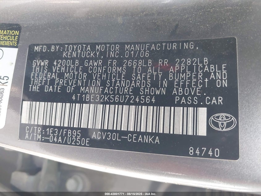 2006 Toyota Camry Std VIN: 4T1BE32K56U724564 Lot: 43001771