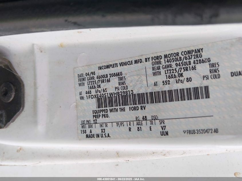 1998 Ford Econoline E450 Super Duty Cutwy Rv VIN: 1FDXE40S1WHB39813 Lot: 43001841