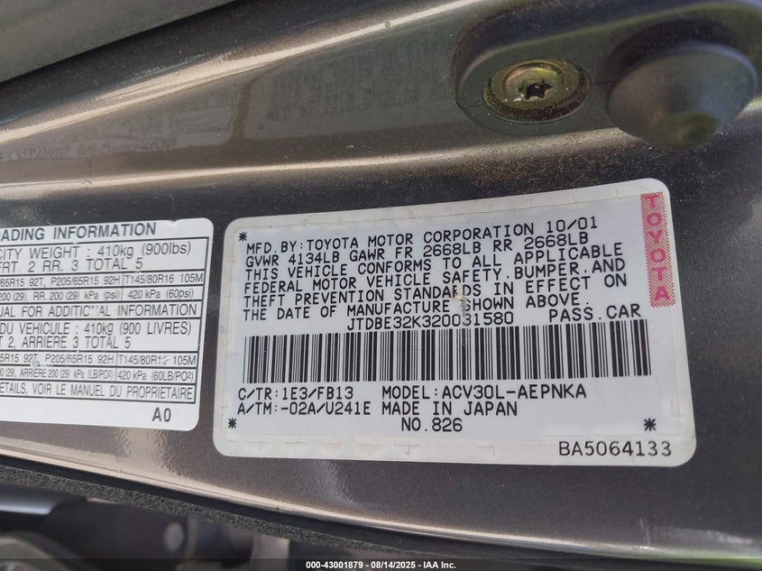 2002 Toyota Camry Le VIN: JTDBE32K320031580 Lot: 43001879