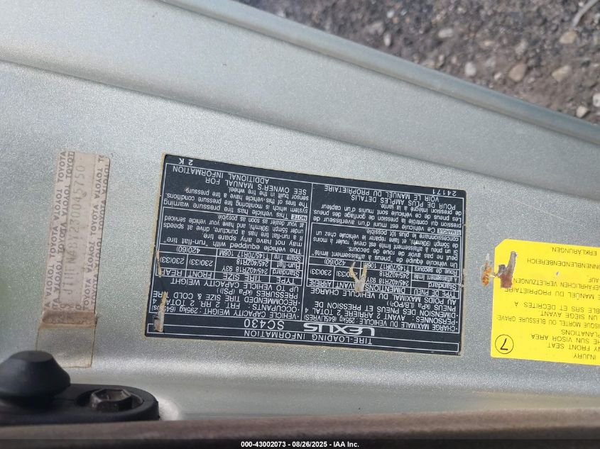 2003 Lexus Sc 430 VIN: JTHFN48Y230045750 Lot: 43002073