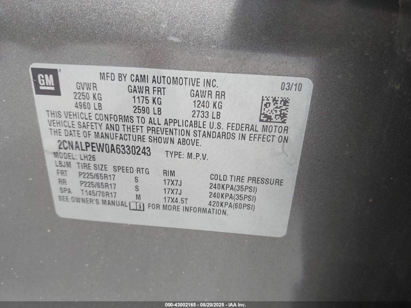 2010 Chevrolet Equinox Lt VIN: 2CNALPEW0A6330243 Lot: 43002165