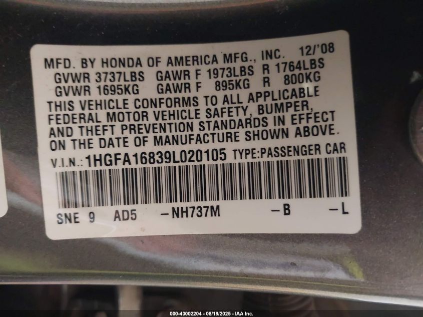 2009 Honda Civic Ex VIN: 1HGFA16839L020105 Lot: 43002204