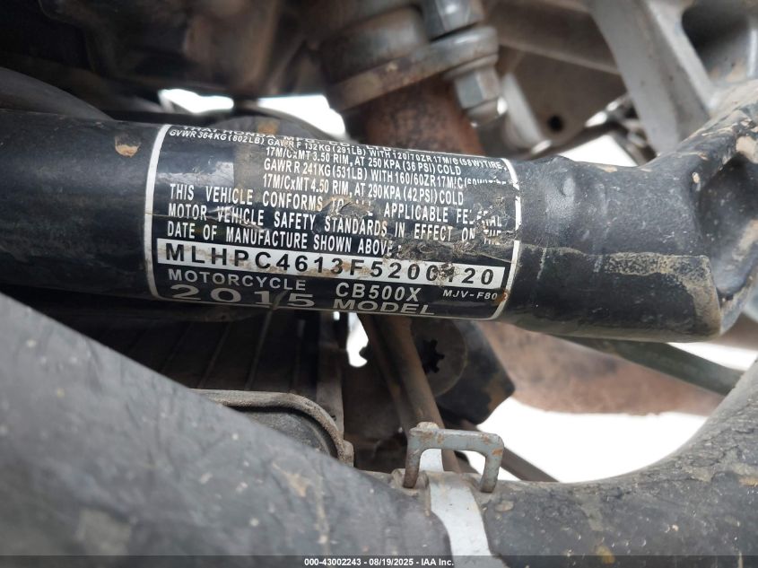 2015 Honda Cb500 X VIN: MLHPC4613F5200120 Lot: 43002243