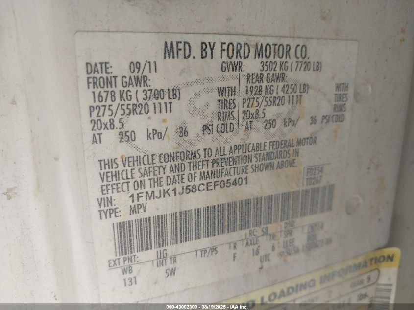 2012 Ford Expedition El King Ranch VIN: 1FMJK1J58CEF05401 Lot: 43002300