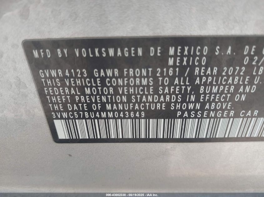 2021 Volkswagen Jetta VIN: 3VWC57BU4MM043649 Lot: 43002338