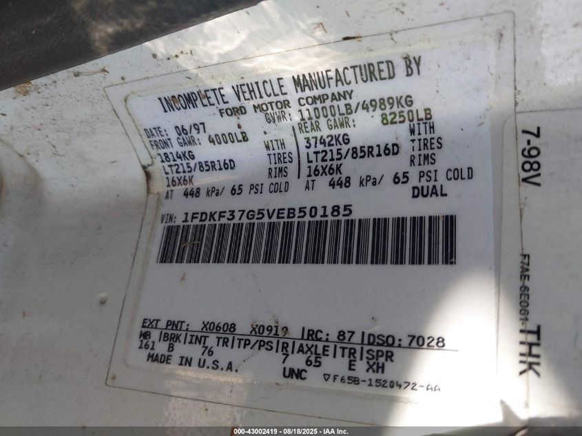 1997 Ford F-350 Chassis Xl VIN: 1FDKF37G5VEB50185 Lot: 43002419