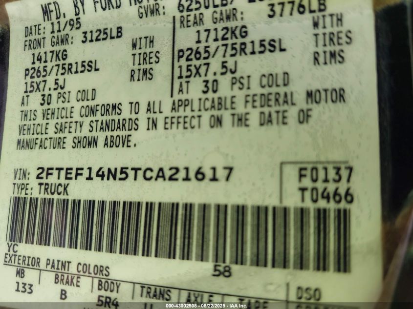 1996 Ford F150 VIN: 2FTEF14N5TCA21617 Lot: 43002508