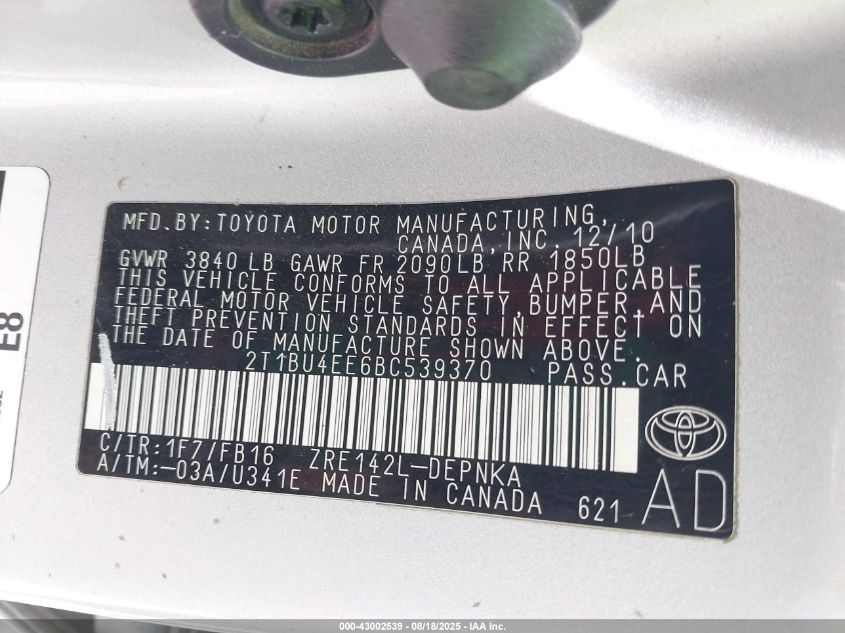 2011 Toyota Corolla Le VIN: 2T1BU4EE6BC539370 Lot: 43002539