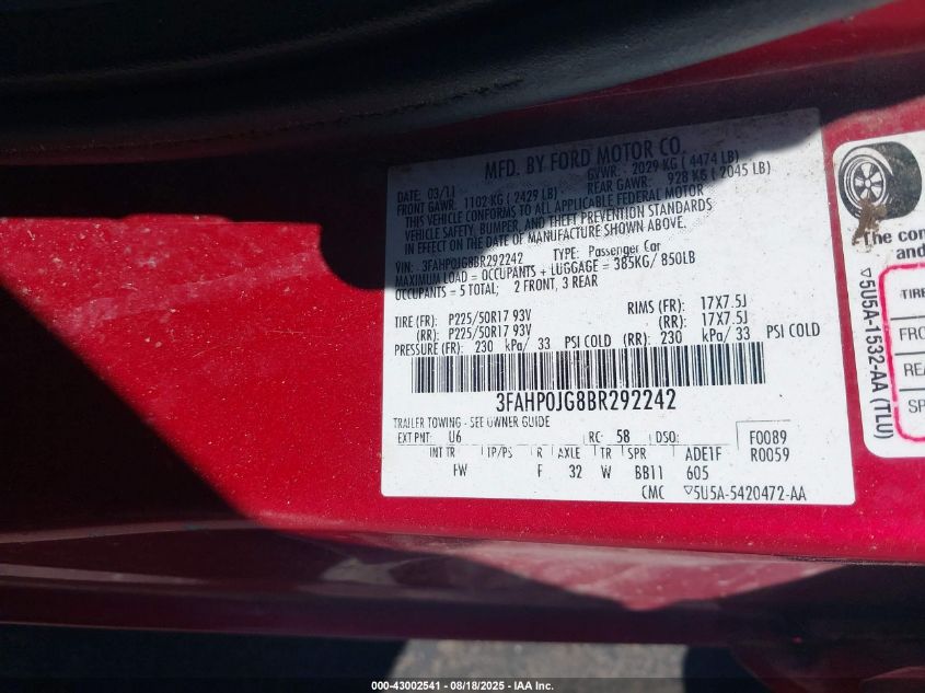 2011 Ford Fusion Sel VIN: 3FAHP0JG8BR292242 Lot: 43002541