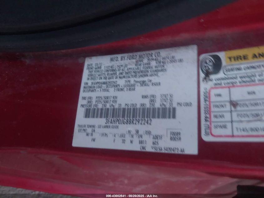 2011 Ford Fusion Sel VIN: 3FAHP0JG8BR292242 Lot: 43002541