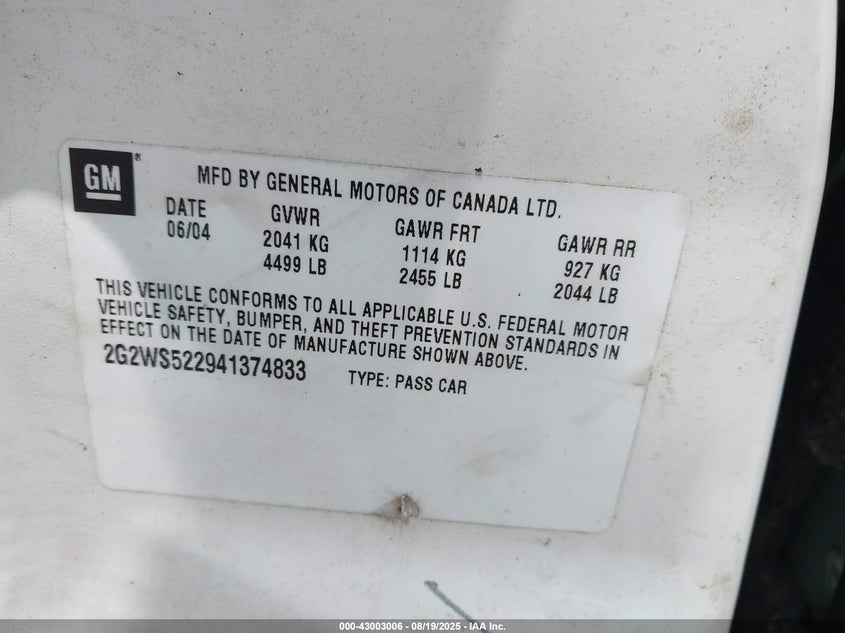 2004 Pontiac Grand Prix Gt2 VIN: 2G2WS522941374833 Lot: 43003006