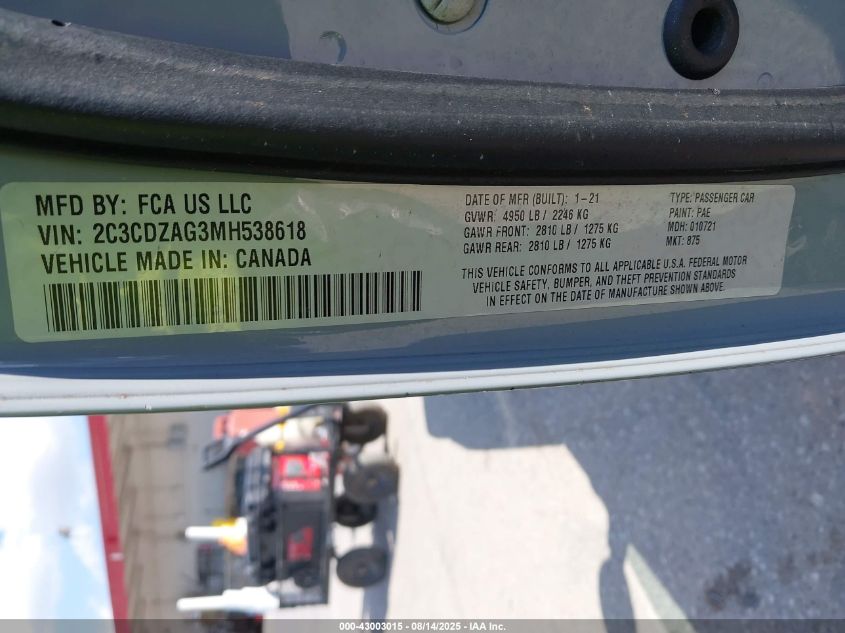 2021 Dodge Challenger Sxt VIN: 2C3CDZAG3MH538618 Lot: 43003015