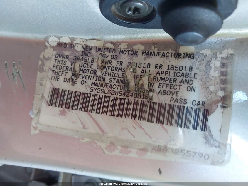 2004 Pontiac Vibe VIN: 5Y2SL62894Z409167 Lot: 43003252