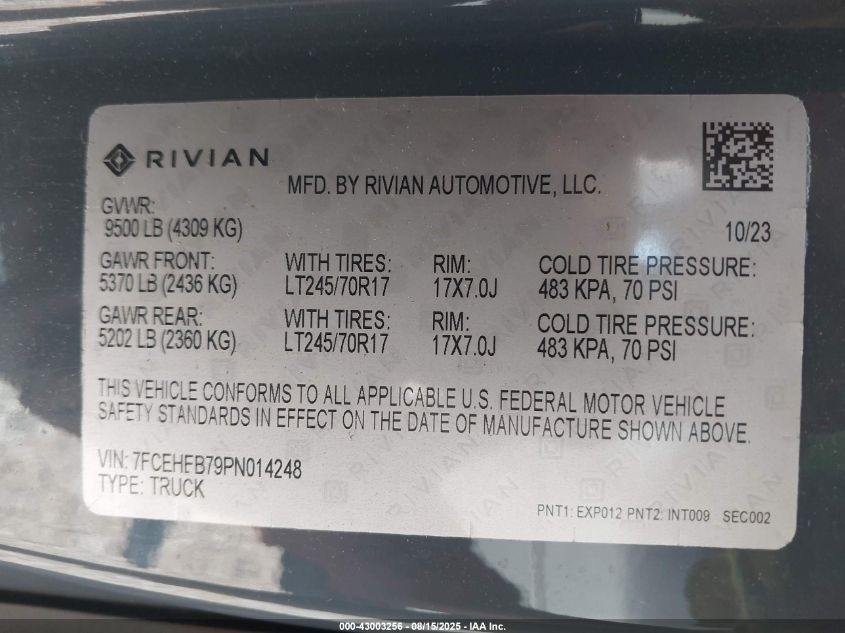 2023 Rivian Delivery 700 VIN: 7FCEHEB79PN014248 Lot: 43003256