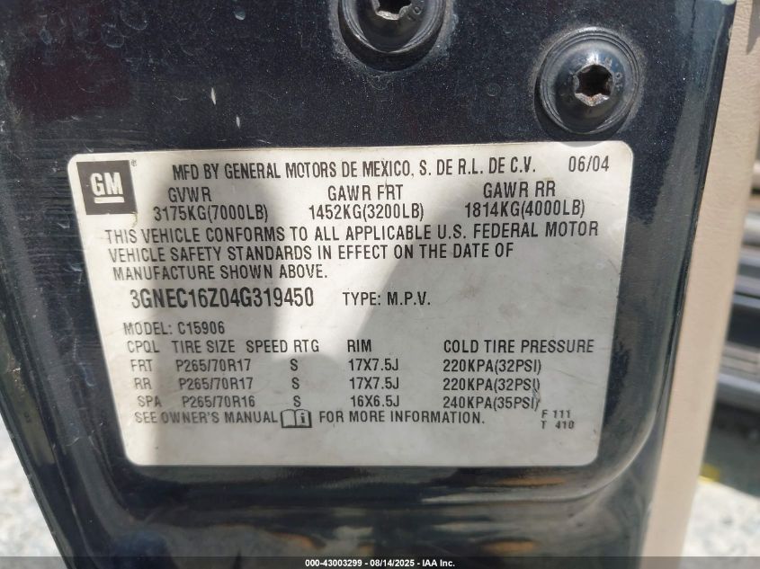 2004 Chevrolet Suburban 1500 Ls VIN: 3GNEC16Z04G319450 Lot: 43003299