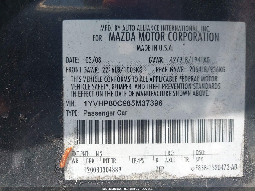 2008 Mazda Mazda6 I Sport Ve VIN: 1YVHP80C985M37396 Lot: 43003354