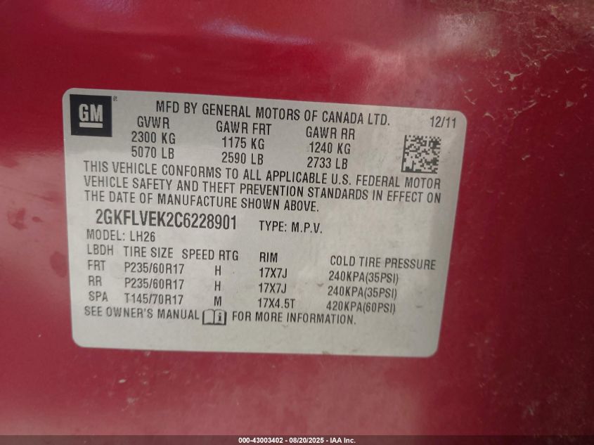 2012 GMC Terrain Slt-1 VIN: 2GKFLVEK2C6228901 Lot: 43003402