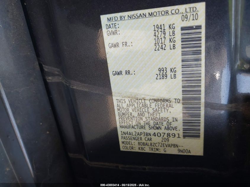 2011 Nissan Altima 2.5 S VIN: 1N4AL2AP3BN407891 Lot: 43003414