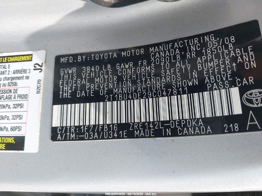 2009 Toyota Corolla Le VIN: 2T1BU40E29C047811 Lot: 43003425