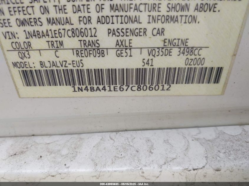 2007 Nissan Maxima 3.5 Se VIN: 1N4BA41E67C806012 Lot: 43003435