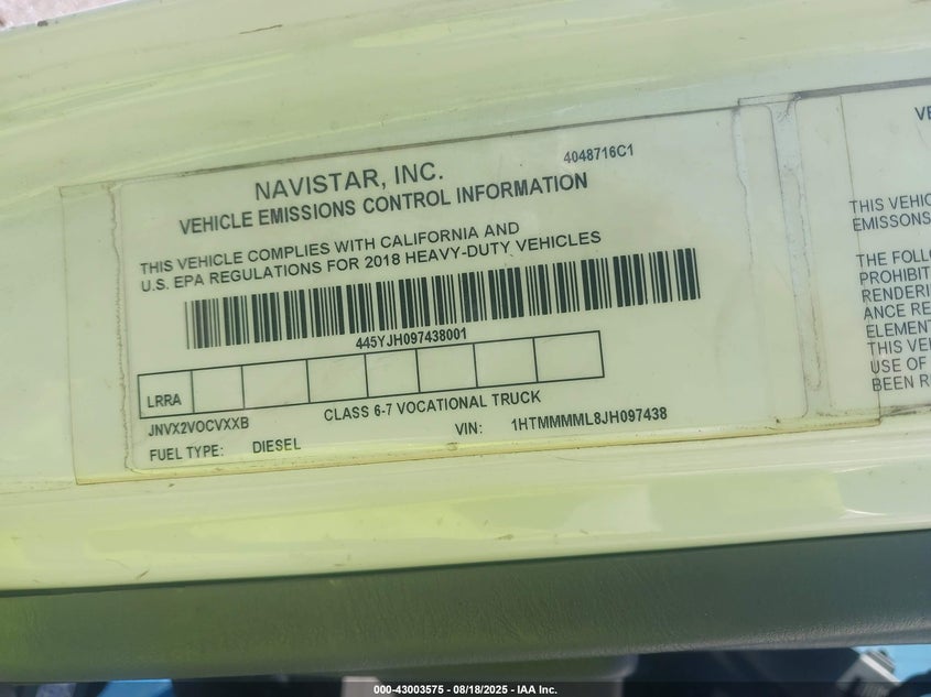 2018 International Durastar 4300 VIN: 1HTMMMML8JH097438 Lot: 43003575