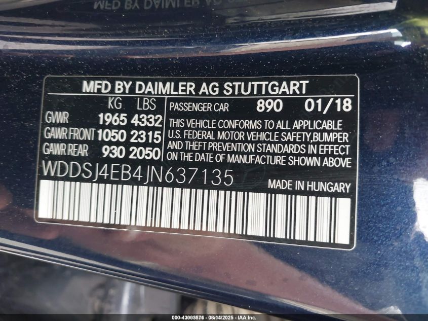 2018 Mercedes-Benz Cla 250 VIN: WDDSJ4EB4JN637135 Lot: 43003576