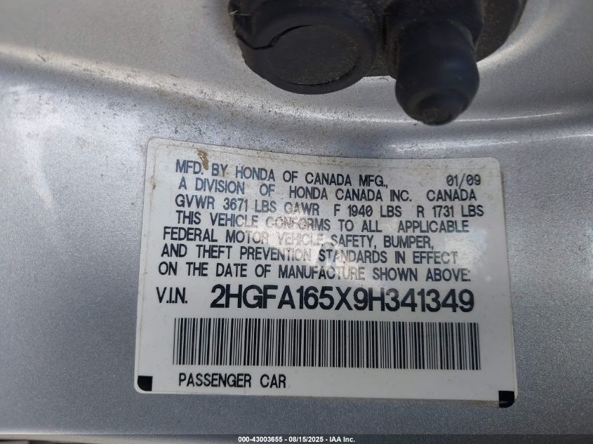 2009 Honda Civic Lx VIN: 2HGFA165X9H341349 Lot: 43003655