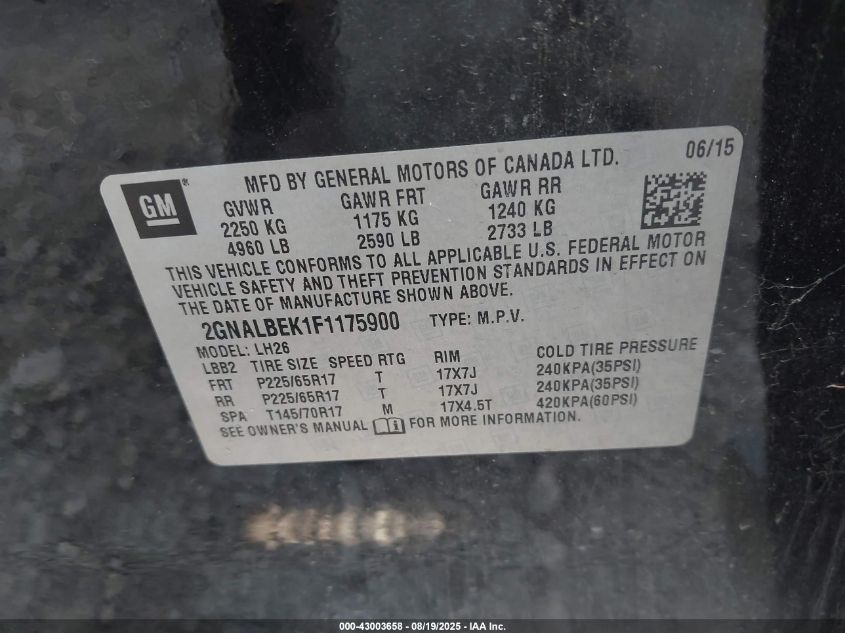 2015 Chevrolet Equinox 1Lt VIN: 2GNALBEK1F1175900 Lot: 43003658