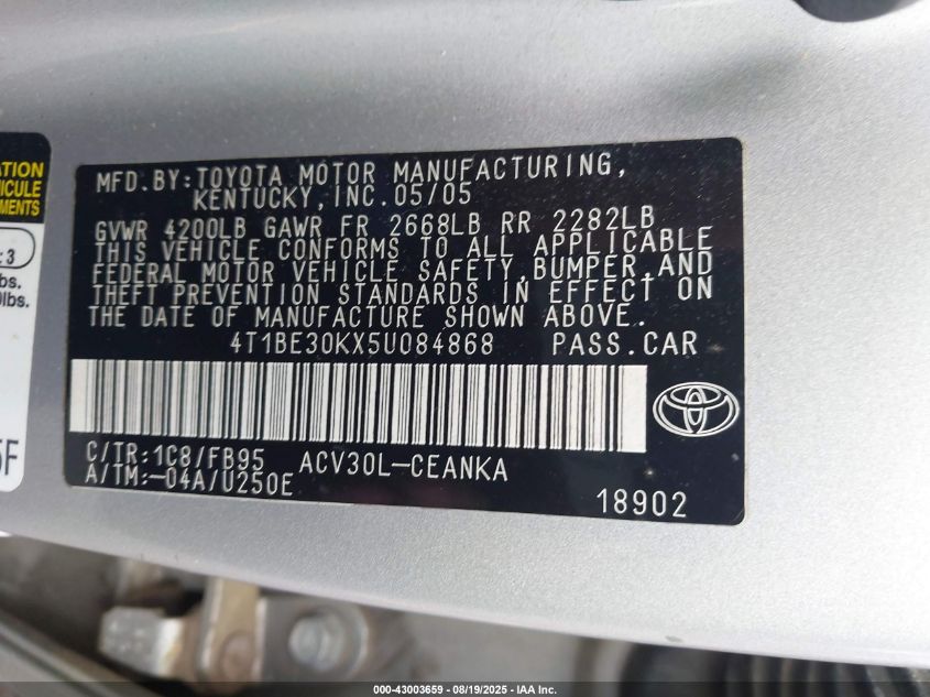 2005 Toyota Camry Le/Xle/Se VIN: 4T1BE30KX5U084858 Lot: 43003659