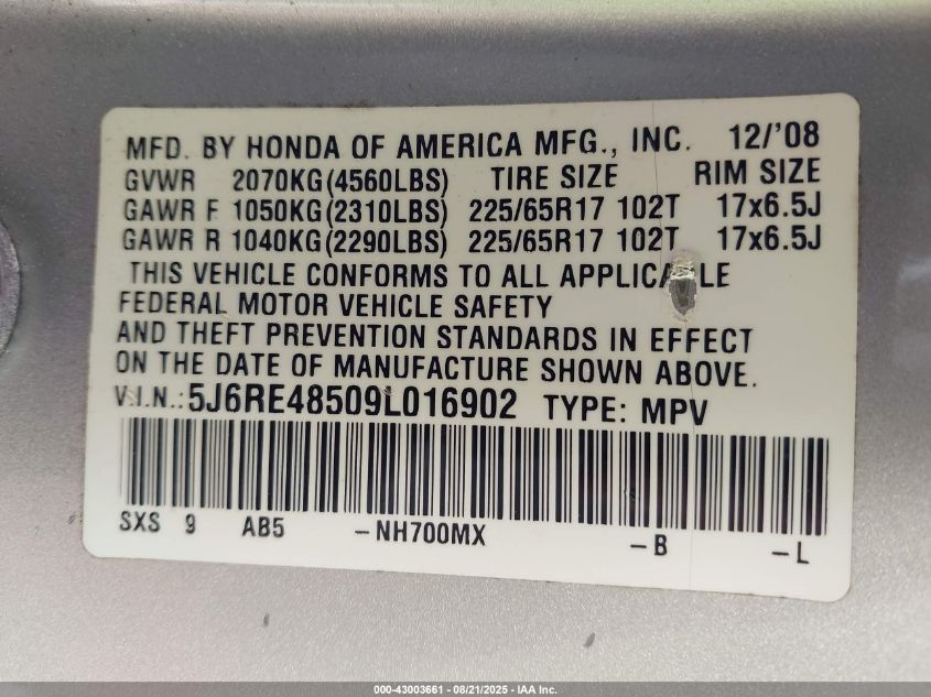 2009 Honda Cr-V Ex VIN: 5J6RE48509L016902 Lot: 43003661