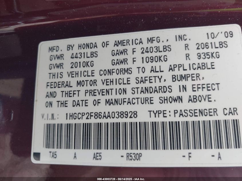 2010 Honda Accord 2.4 Ex-L VIN: 1HGCP2F86AA038928 Lot: 43003728