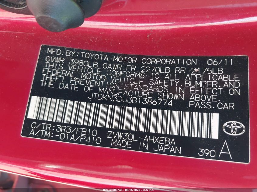 2011 Toyota Prius Two VIN: JTDKN3DU3B1386774 Lot: 43003748