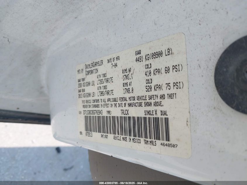 2005 Dodge Ram 3500 Slt/Laramie VIN: 3D7LS38C85G702843 Lot: 43003785