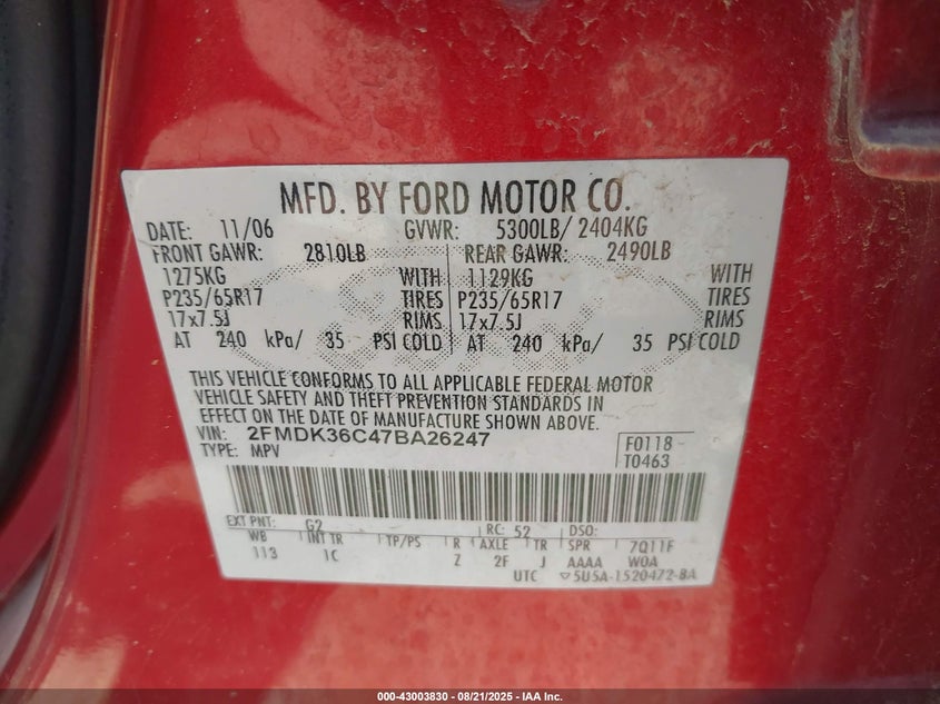 2007 Ford Edge Se VIN: 2FMDK36C47BA26247 Lot: 43003830