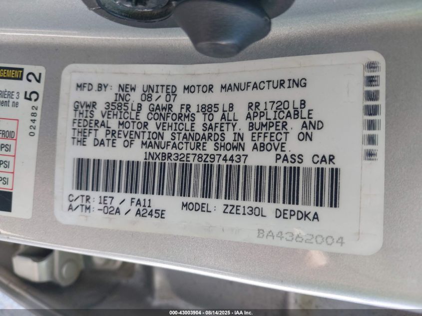 2008 Toyota Corolla Ce VIN: 1NXBR32E78Z974437 Lot: 43003904