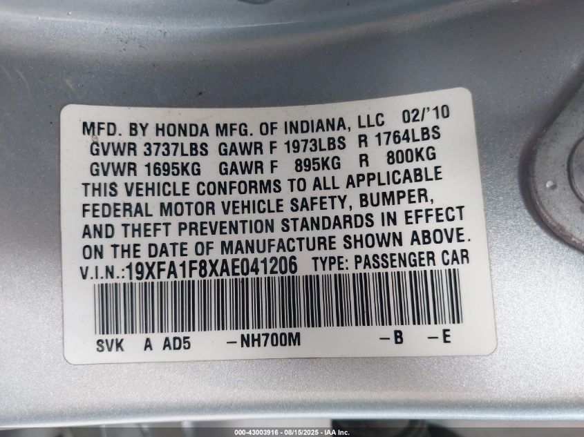 2010 Honda Civic Ex VIN: 19XFA1F8XAE041206 Lot: 43003916