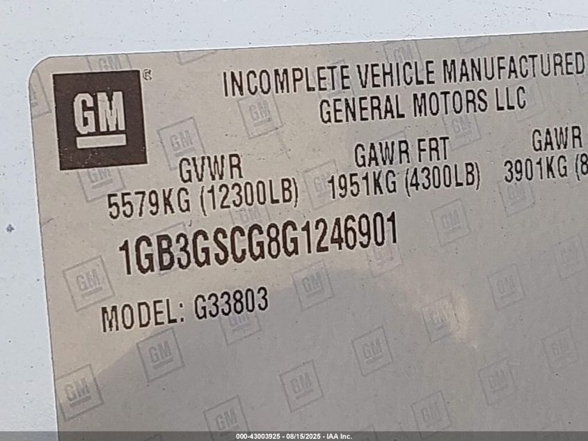 2016 Chevrolet Express Cutaway 3500 VIN: 1GB3GSCG8G1246901 Lot: 43003925