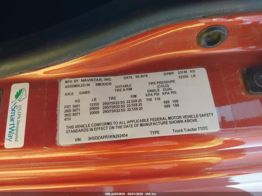 2019 International Lt VIN: 3HSDZAPR1KN292454 Lot: 43003929