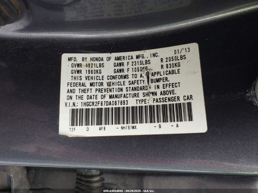2013 Honda Accord Ex-L VIN: 1HGCR2F87DA087893 Lot: 43004058