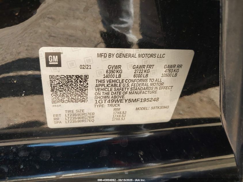 2021 GMC Sierra 3500Hd 4Wd Long Bed Denali VIN: 1GT49WEY5MF195248 Lot: 43004062