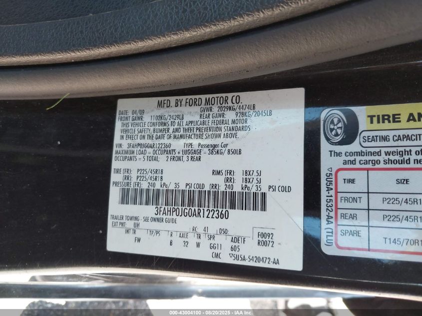 2010 Ford Fusion Sel VIN: 3FAHP0JG0AR122360 Lot: 43004100