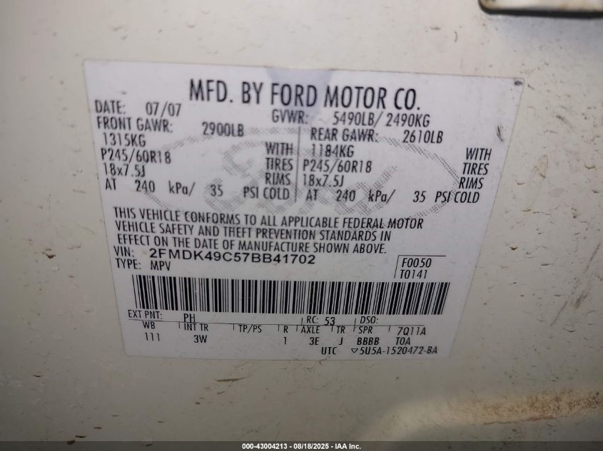 2007 Ford Edge Sel Plus VIN: 2FMDK49C57BB41702 Lot: 43004213