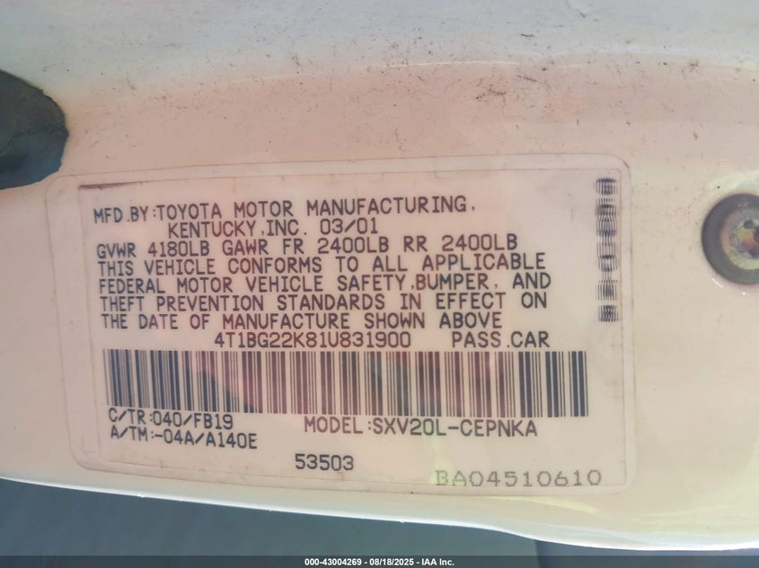 2001 Toyota Camry Le VIN: 4T1BG22K81U831900 Lot: 43004269