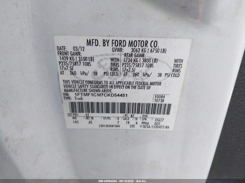 2012 Ford F-150 Xl VIN: 1FTMF1CM7CKD54451 Lot: 43004284