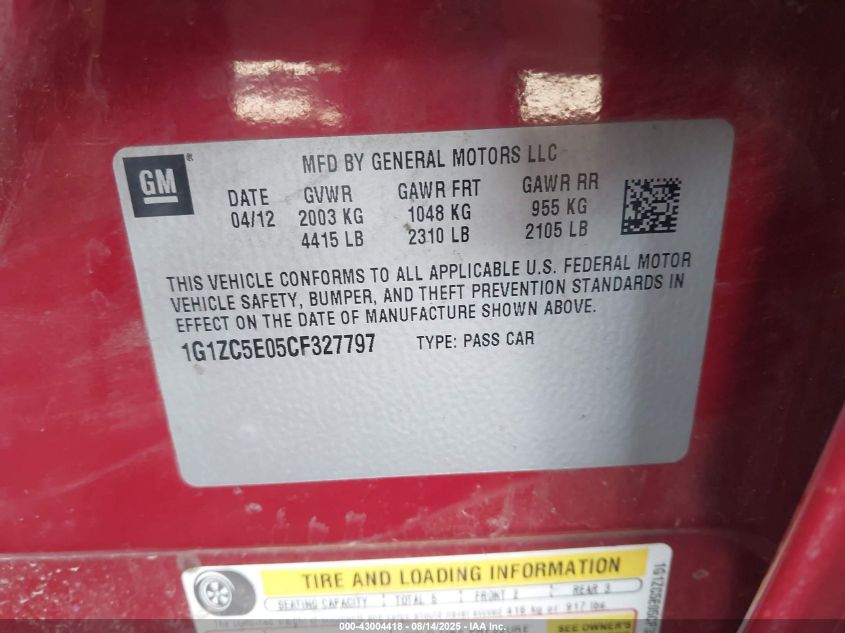 2012 Chevrolet Malibu 1Lt VIN: 1G1ZC5E05CF327797 Lot: 43004418